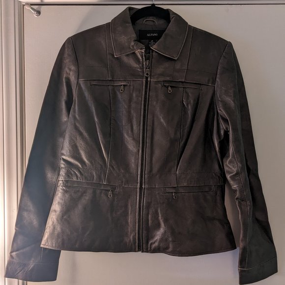 ALFANI WOMEN'S LEATHER JACKET Medium M Brown Pockets Deep Beige Coat Outerwear